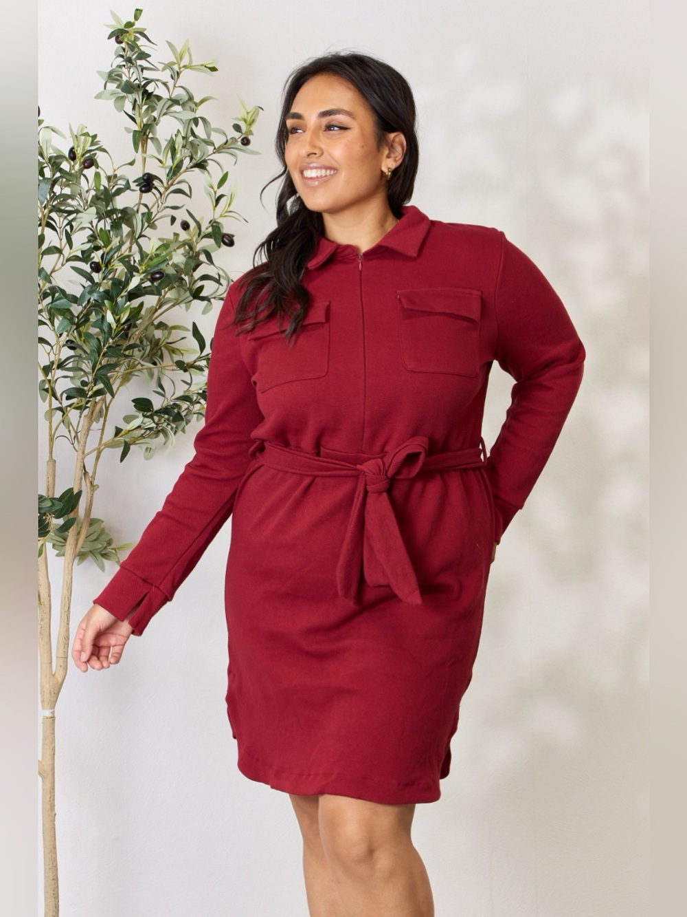 Culture Code Full Size Tie Front Half Zip Long Sleeve Shirt Dress - Picture 3 of 15